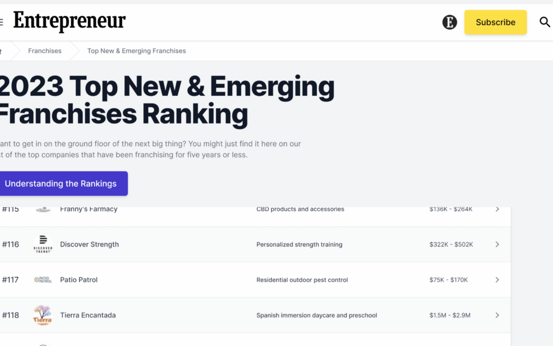 2023 top new and emerging franchises ranking by entreprenuer featuring discover strength